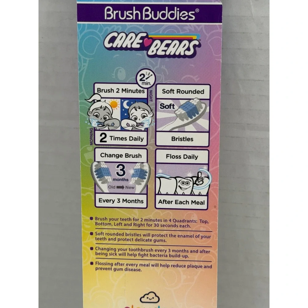 Brush Buddies Care Bears Toothbrush Kids Suction with Cap Soft Bristles Purple